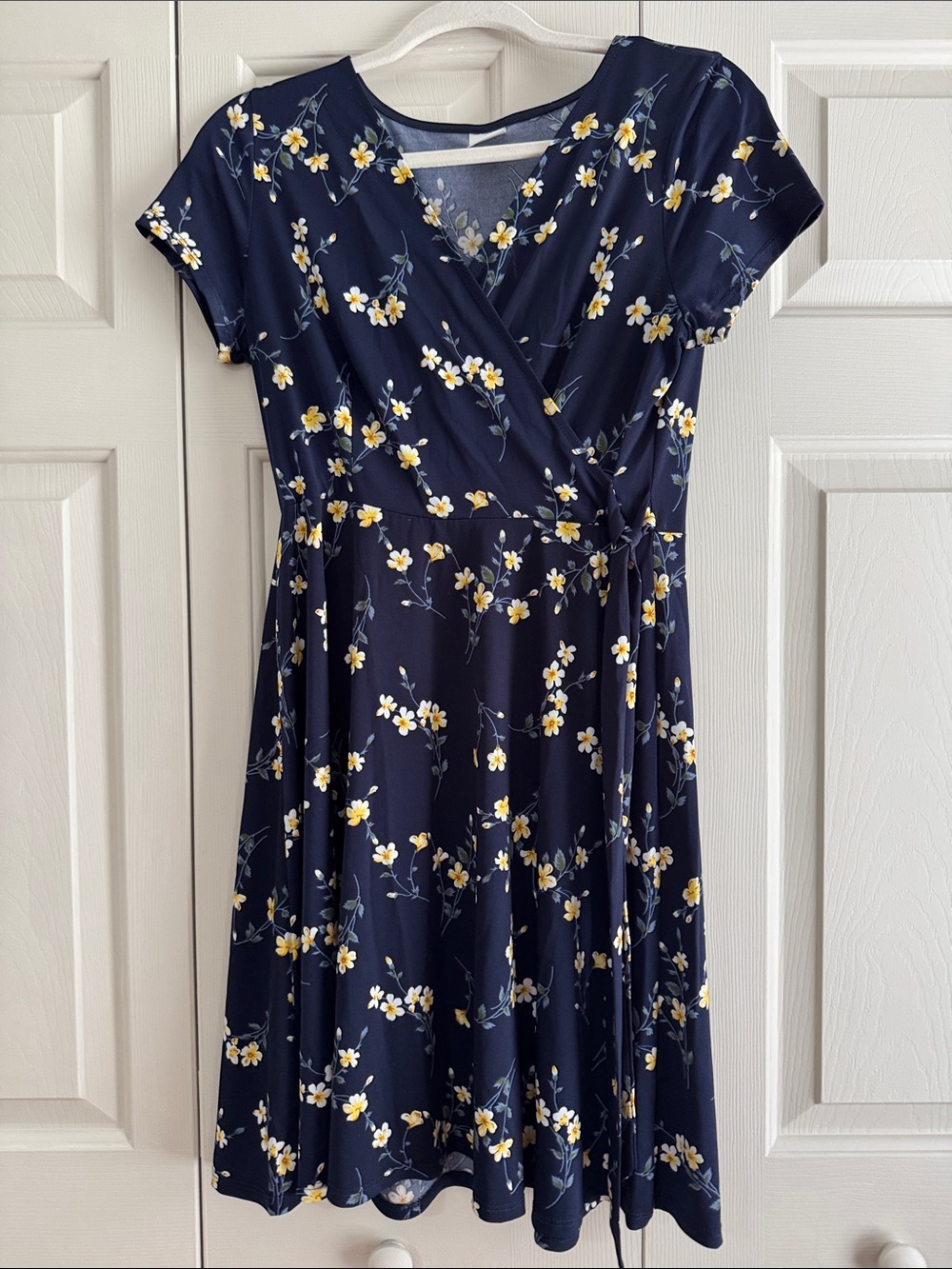 Kaileigh Navy Floral Faux Wrap Dress with Yellow Accents